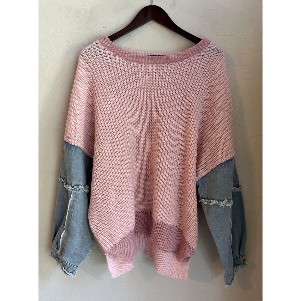 Adora Frayed Denim Sleeve Chunky Sweater 1X NWT Slouchy Oversized Soft Girl